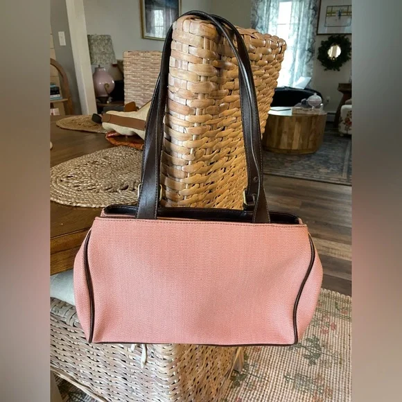 Like-New Pink Canvas Bag w/ Chocolate Trim - Picture 2 of 8